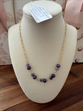 Handmade Gold Chain Necklace with Purple Amethyst Beads - Women Jewelry